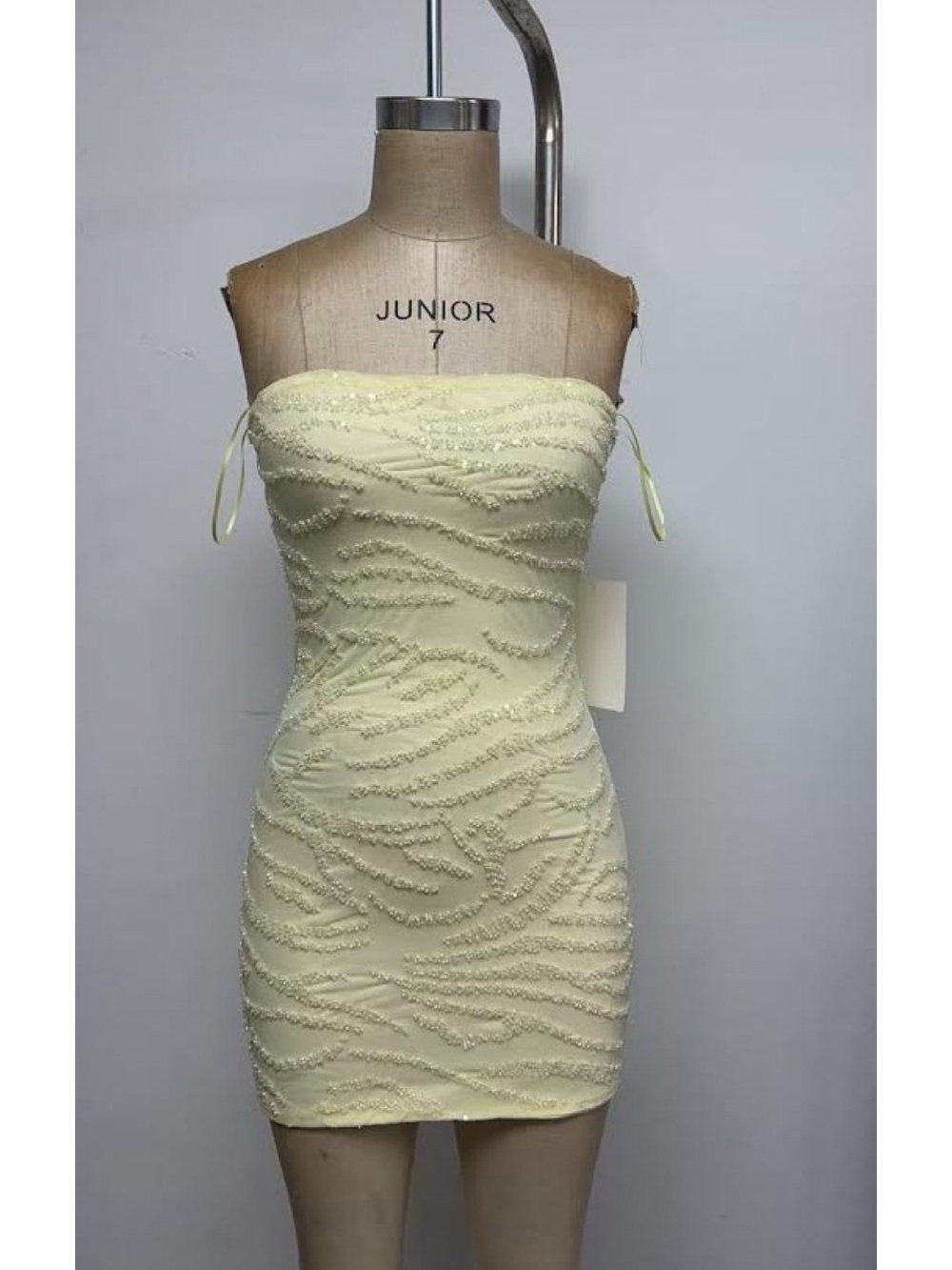 Vintage Pale Yellow Strapless Beaded Mini Dress